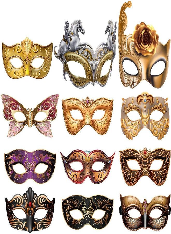 Blulu 12 Pcs Mardi Gras Masquerade Mask Paper Masquerade Masks Carnival Prom Venetian Masks Half Retro Masquerade Mask Mardi Gras Christmas Costume Fancy Dress Party Supplies(Stylish Style)