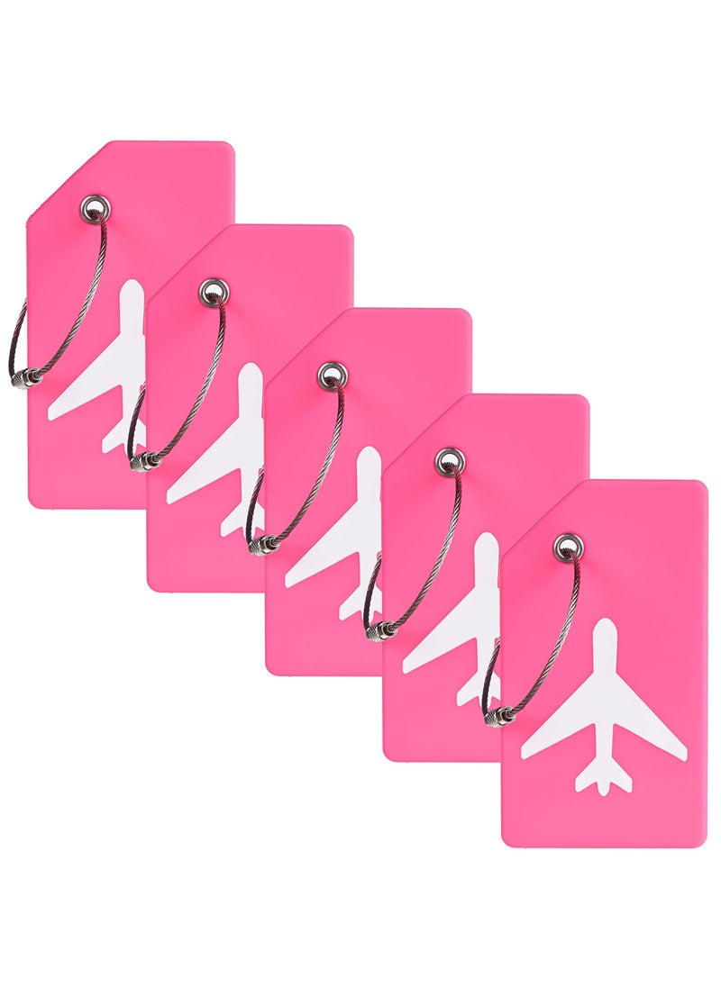 5 Pack Silicone Luggage Tags with Name ID Card - Quick Spot Anti-Lost Tags for Suitcases, Personality Bag Tags with Stainless Steel Loop (Rose Red)