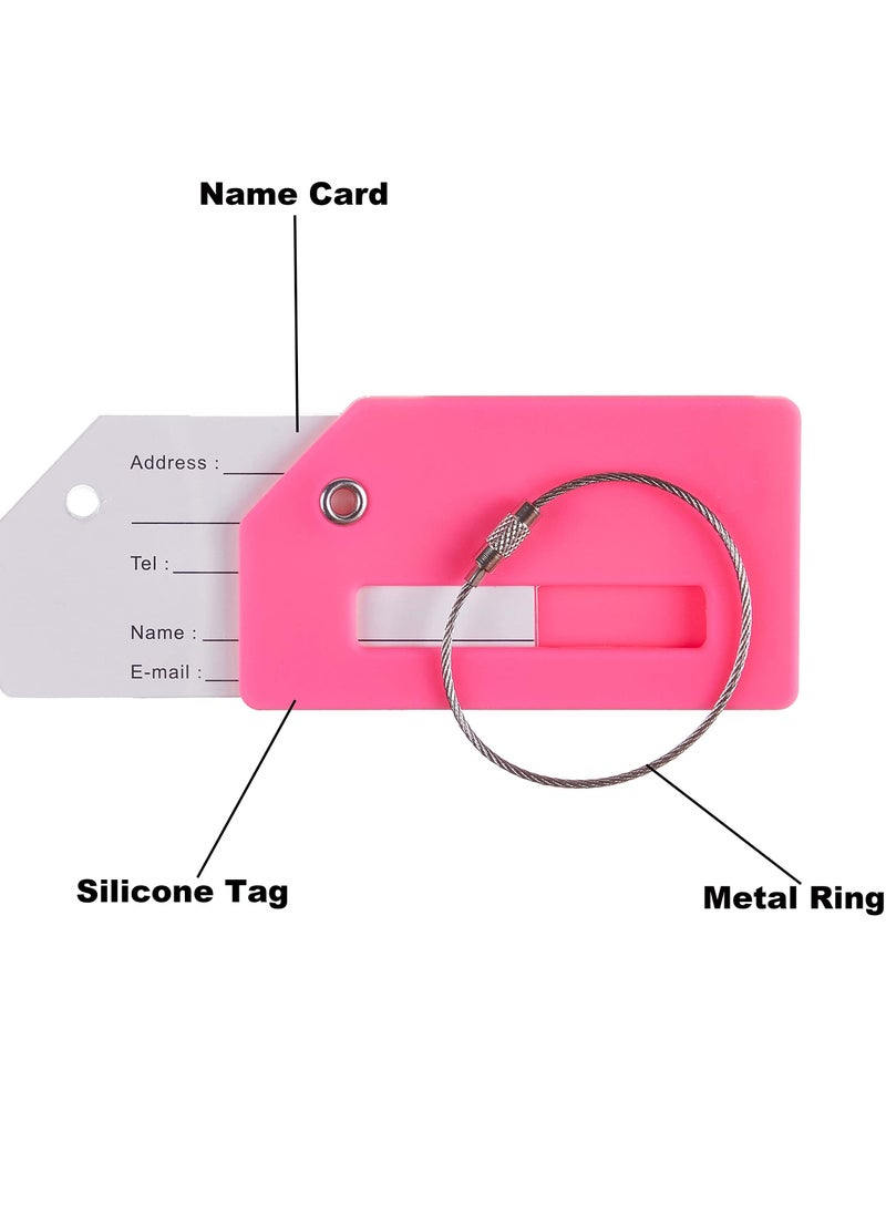 5 Pack Silicone Luggage Tags with Name ID Card - Quick Spot Anti-Lost Tags for Suitcases, Personality Bag Tags with Stainless Steel Loop (Rose Red)