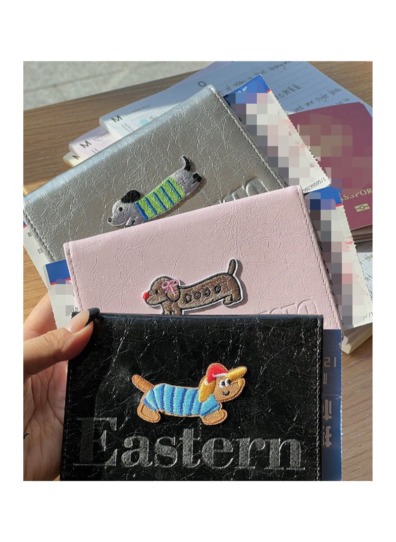 Cute Dachshund Leather Passport Holder Multi-function Card Holder Short Portable Travel Document Storage Bag