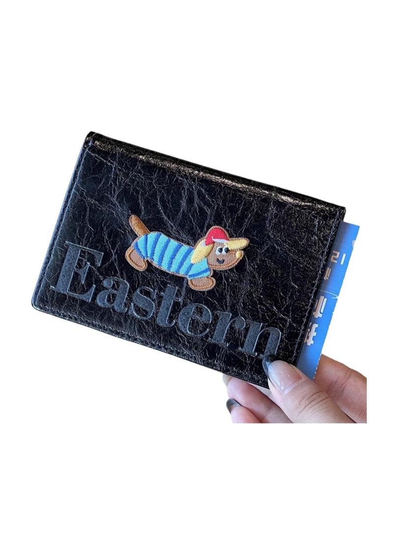 Cute Dachshund Leather Passport Holder Multi-function Card Holder Short Portable Travel Document Storage Bag