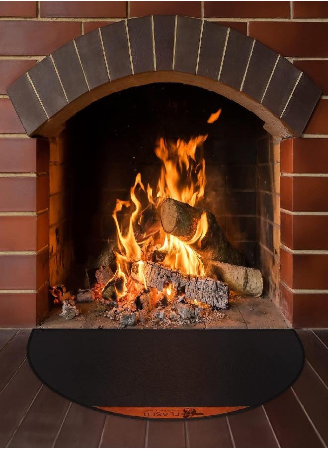 FLASLD Fireproof Fireplace Mat 24×42Inch Half Round Hearth Rug Protects Floors from Sparks Embers, Black with Brown Label