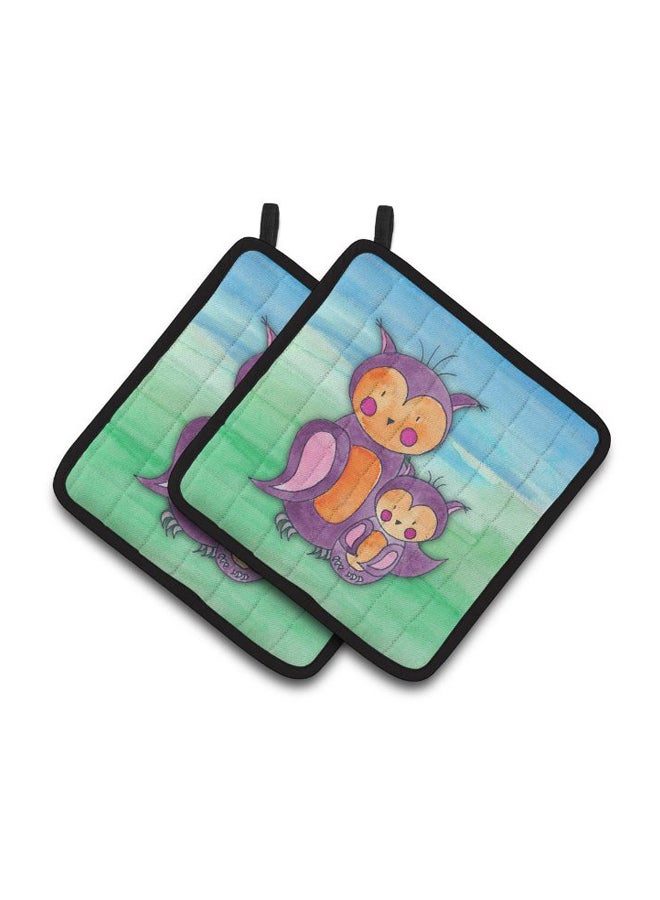 2-Piece Momma And Baby Owl Decorated Pot Holder Multicolour 7.5 x 7.5inch