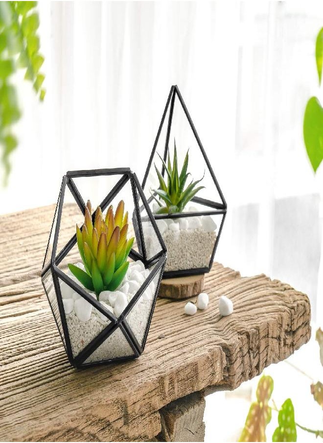 Mkono Artificial Succulent in 3 Pack Mini Glass Geometric Terrarium, Miniature Potted Faux Plant Bookshelf Desk Boho Office Room Decor for Women Girls Dorm Gift Idea, Black