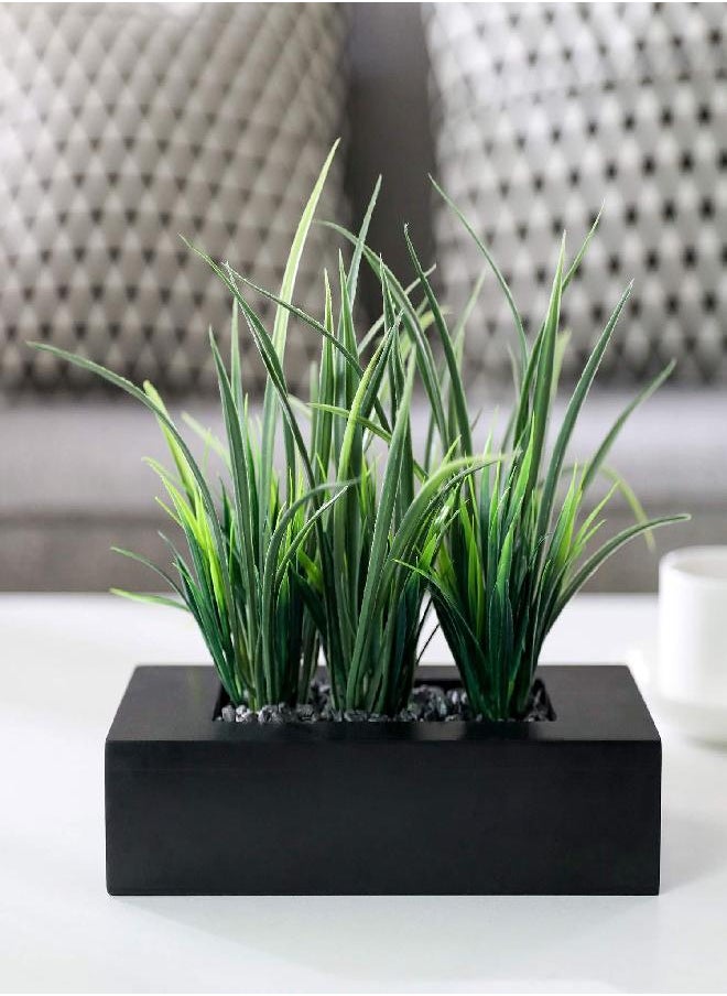 MyGift Artificial Green Grass Plants in Black Wood Rectangular Planter Pot