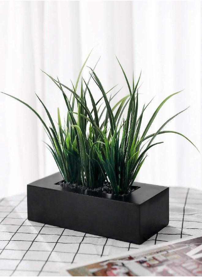 MyGift Artificial Green Grass Plants in Black Wood Rectangular Planter Pot