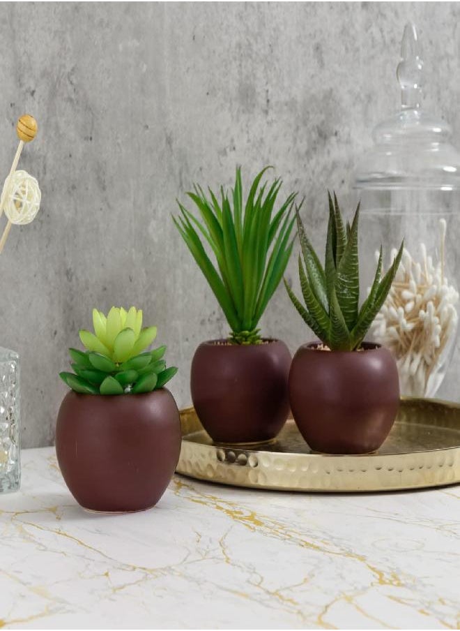 MyGift Miniature Artificial Succulents, Fake Indoor House Plants in Round Brown Ceramic Pots, Set of 3