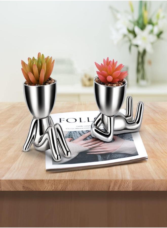 WOODWORD Fake Succulent, Mini Succulents Plants Artificial in Silver Modern Human Shaped Ceramic Pots Cute Desk Decor Desk Plant for Office Decor for Women, Cute Fake Plants Bathroom Decor 2PCS