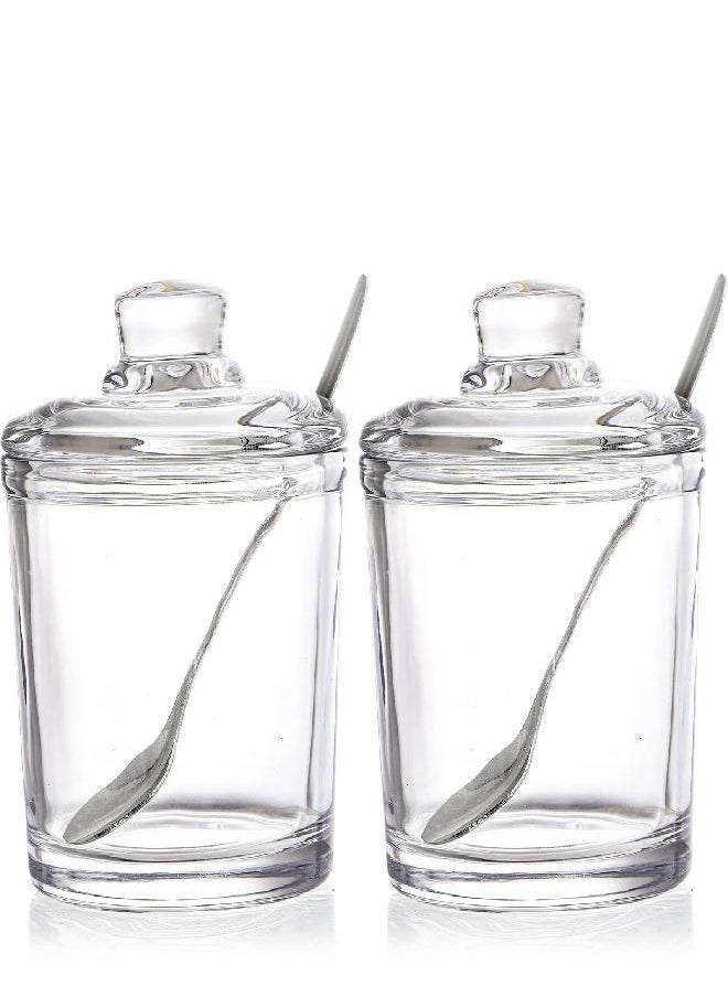 Frcctre Set of 2 Clear Glass Sugar Bowl, 6 Ounces Sugar Jar with Spoon and Lid, Salt Spice Pepper Bowl Seasoning Jar Condiment Pots Dispenser Container for Home Kitchen Restaurant Coffee Bar