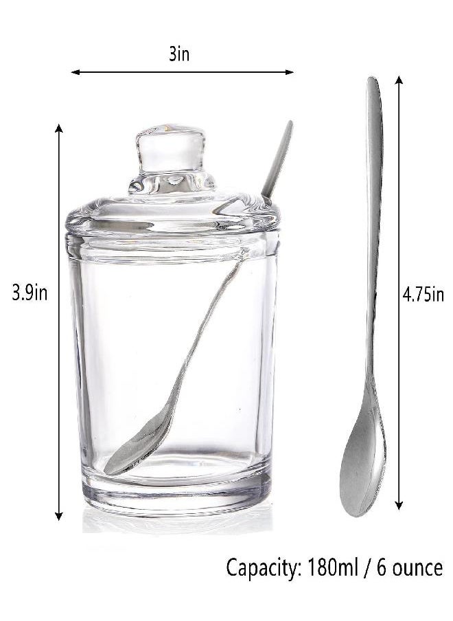 Frcctre Set of 2 Clear Glass Sugar Bowl, 6 Ounces Sugar Jar with Spoon and Lid, Salt Spice Pepper Bowl Seasoning Jar Condiment Pots Dispenser Container for Home Kitchen Restaurant Coffee Bar