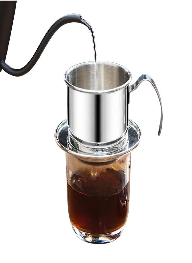 Vietnamese Coffee Drip Filter Coffee Maker Stainless Steel Pour Over Coffee Dripper Reusable Portable Coffee Making Hand Pot Coffee Drip Brewer for Home Kitchen Office Outdoor Coffee Services (Sliver)