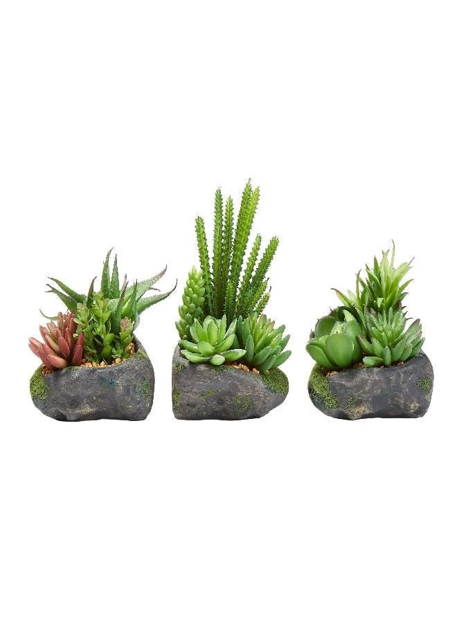 Pure Garden Artificial Succulent Plant Arrangements in Faux Stone Pots, 3 Piece Set in Assorted Sizes, Lifelike Greenery Home Decoration