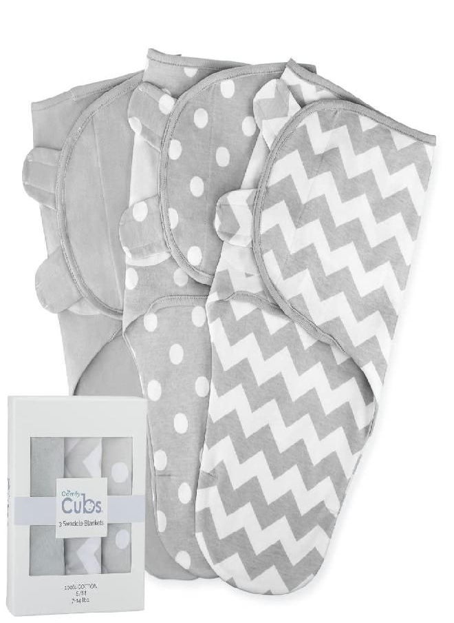 Comfy Cubs Swaddle Blanket Baby Girl Boy Easy Adjustable 3 Pack Infant Sleep Sack Wrap Newborn Babies Small (0-3 Month), Gray