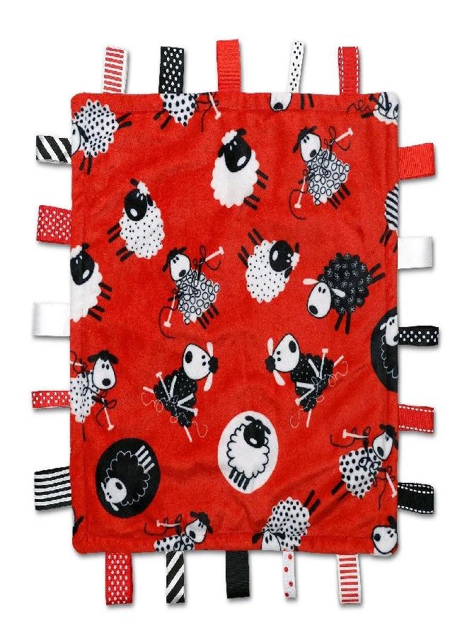 Sleepy Sheep Label Lovey - Black, White and Red - Baby Sensory, Security & Teething Textured Ribbon Tag Blanket