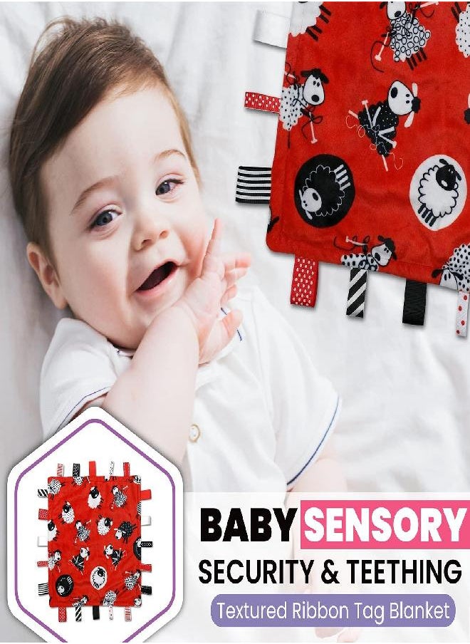 Sleepy Sheep Label Lovey - Black, White and Red - Baby Sensory, Security & Teething Textured Ribbon Tag Blanket