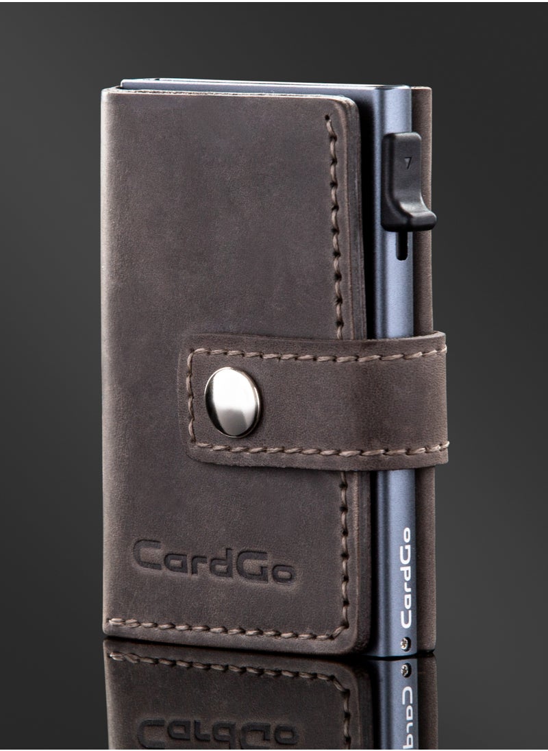 CardGo Grey Leather Wallet: Stylish handcrafted RFID-protected slim cardholder with quick-access mechanism, premium leather, compact design, and gift packaging