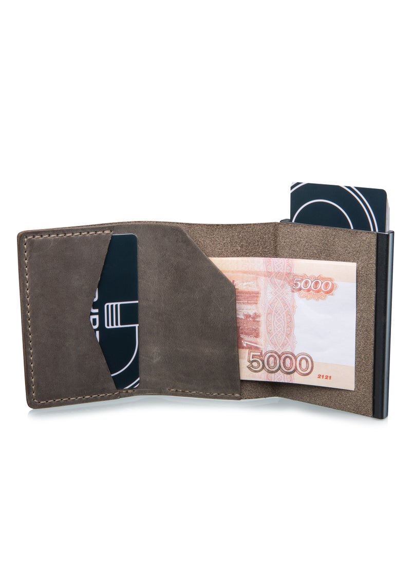 CardGo Grey Leather Wallet: Stylish handcrafted RFID-protected slim cardholder with quick-access mechanism, premium leather, compact design, and gift packaging