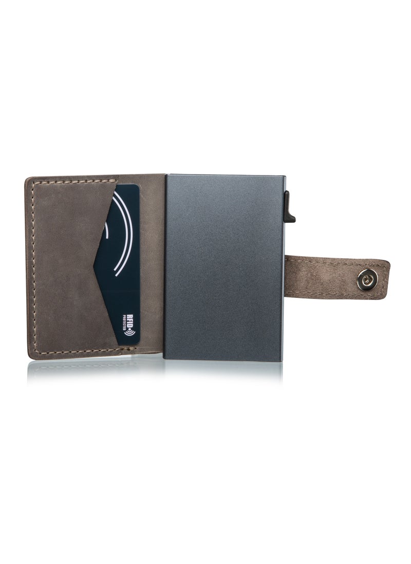 CardGo Grey Leather Wallet: Stylish handcrafted RFID-protected slim cardholder with quick-access mechanism, premium leather, compact design, and gift packaging