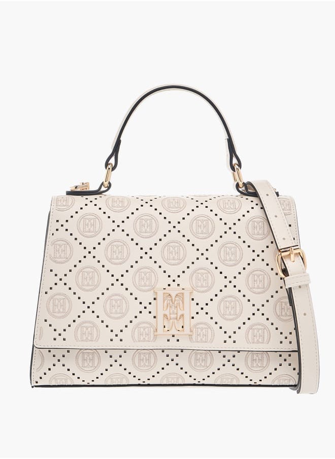 Monogram Embroidered Satchel Bag with Detachable Strap and Flap Closure