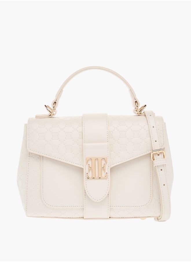 Monogram Embossed Satchel Bag with Flap Closure and Detachable Strap