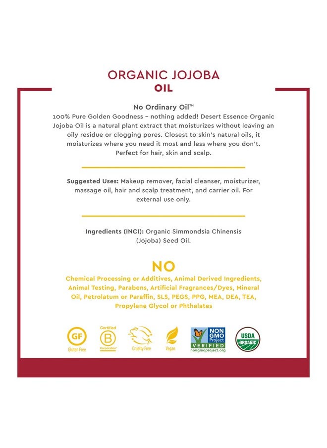 Organic Jojoba Oil - Moisturizer For Face, Skin, Hair - Cleanses Clogged Pores - May Prevent Scalp Flakiness - Fights Skin Infections - Usda - Suitable For Sensitive Skin - 4 Fl Oz (Pack Of 1)