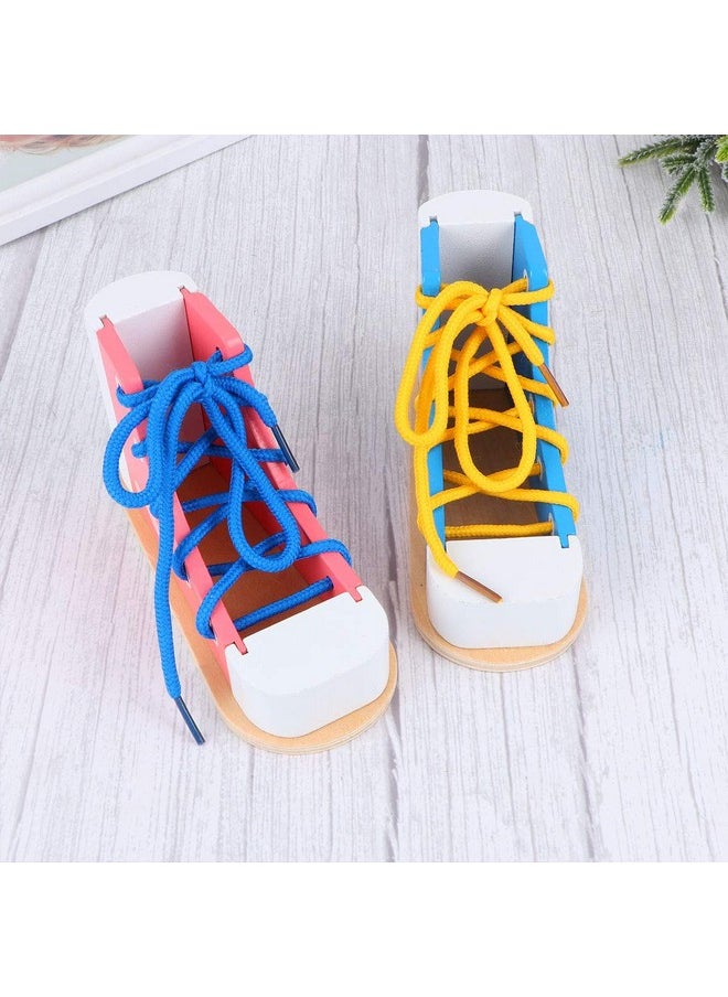 2Pcs Wood Lacing Sneaker Learn To Tie Shoes Tie-Up Shoe Threading Toy Montessori Educational Toys (Blue + Pink)