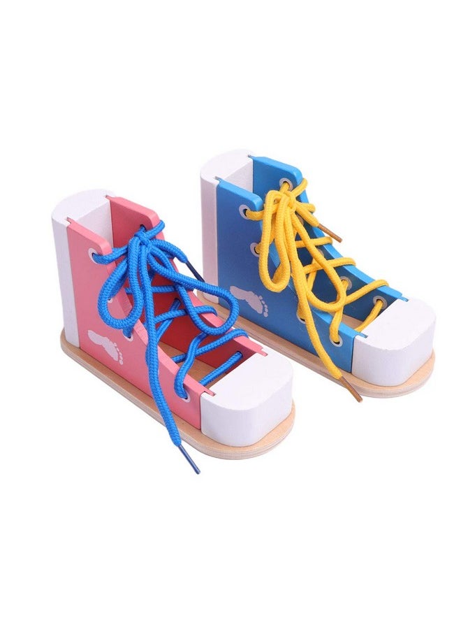 2Pcs Wood Lacing Sneaker Learn To Tie Shoes Tie-Up Shoe Threading Toy Montessori Educational Toys (Blue + Pink)