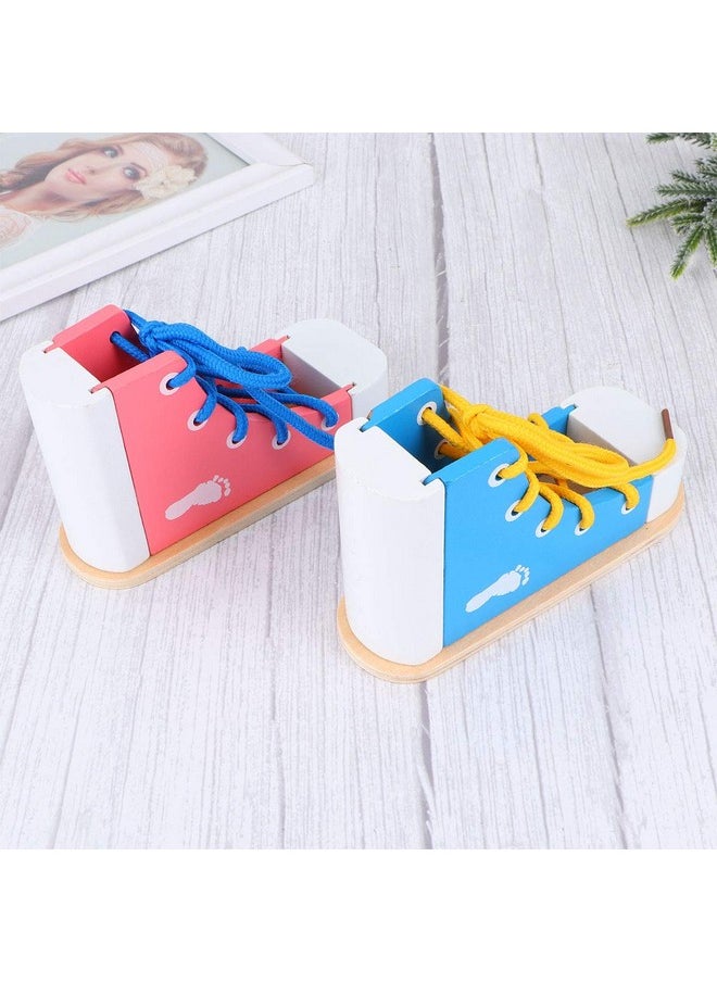 2Pcs Wood Lacing Sneaker Learn To Tie Shoes Tie-Up Shoe Threading Toy Montessori Educational Toys (Blue + Pink)