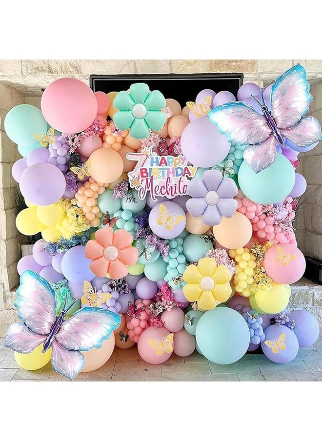 Butterfly Balloon Arch Kit, Balloon Garland Arch Kit with Large Butterfly and Colorful Daisy Foil Balloon, Butterfly Stickers Pastel, Purple Pink Green Yellow, for Graduation, Birthday, Wedding