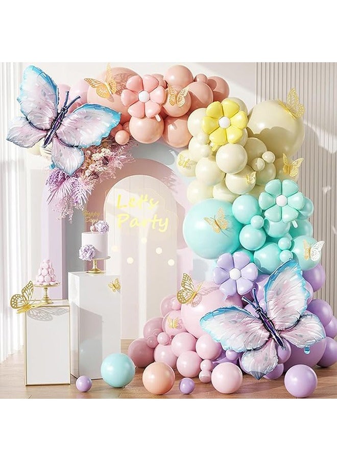 Butterfly Balloon Arch Kit, Balloon Garland Arch Kit with Large Butterfly and Colorful Daisy Foil Balloon, Butterfly Stickers Pastel, Purple Pink Green Yellow, for Graduation, Birthday, Wedding