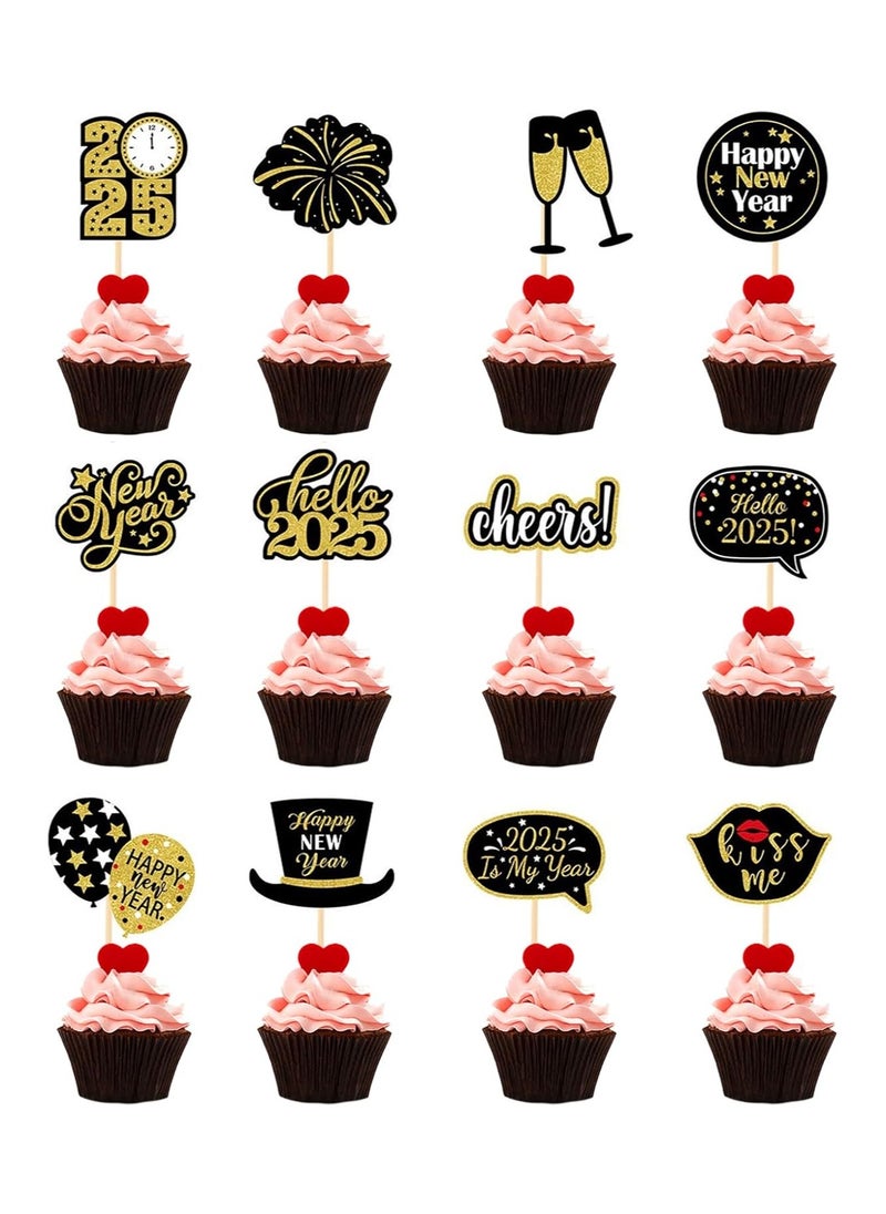 2025 New Years Eve Cake Decorations, 12pcs Happy New Year Cake Toppers 2025 New Year Cupcake Toppers 2025 New Year Cake Decorations 2025 New Years Eve Party Supplies