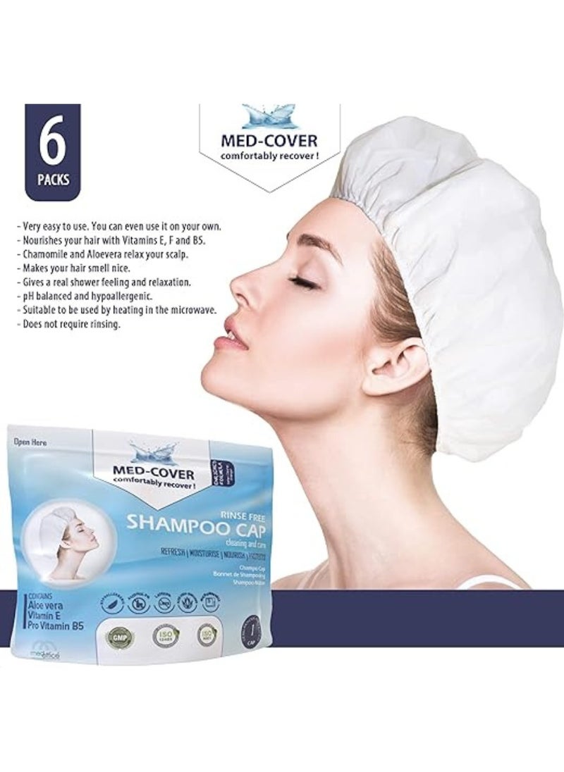 MED-COVER 6 x No Rinse Shampoo Cap from Medoffice - Waterless Easy Hair Wash - Allergen Free - Neutral Hair pH - Enriched Formulation with Vitamin E, ProVitamin b5 and Aloe-Vera