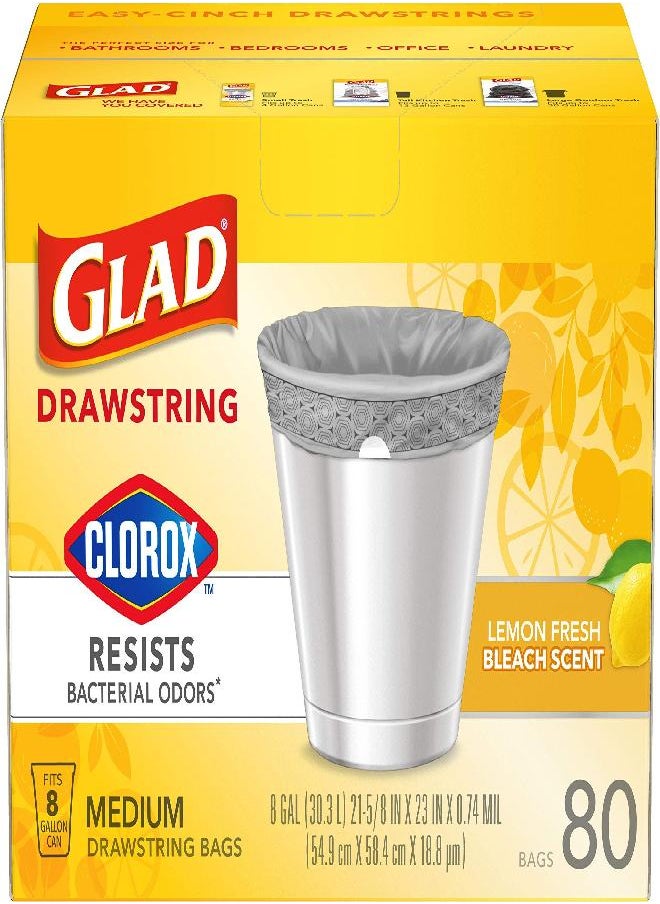 Glad Medium Drawstring Trash Bag with Clorox, 8 Gal, Lemon Fresh Bleach 80 Ct (Package May Vary)