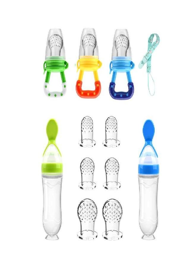 Food Feeder Baby Fruit Feeder Pacifier (3 Pcs) with 6 Different Sized Silicone Pacifiers 2 PCS Silicone Baby Food Dispensing Spoon 90ML with 2 Baby Spoons Pacifier Clip Infant Fruit Teething Toy -Blue