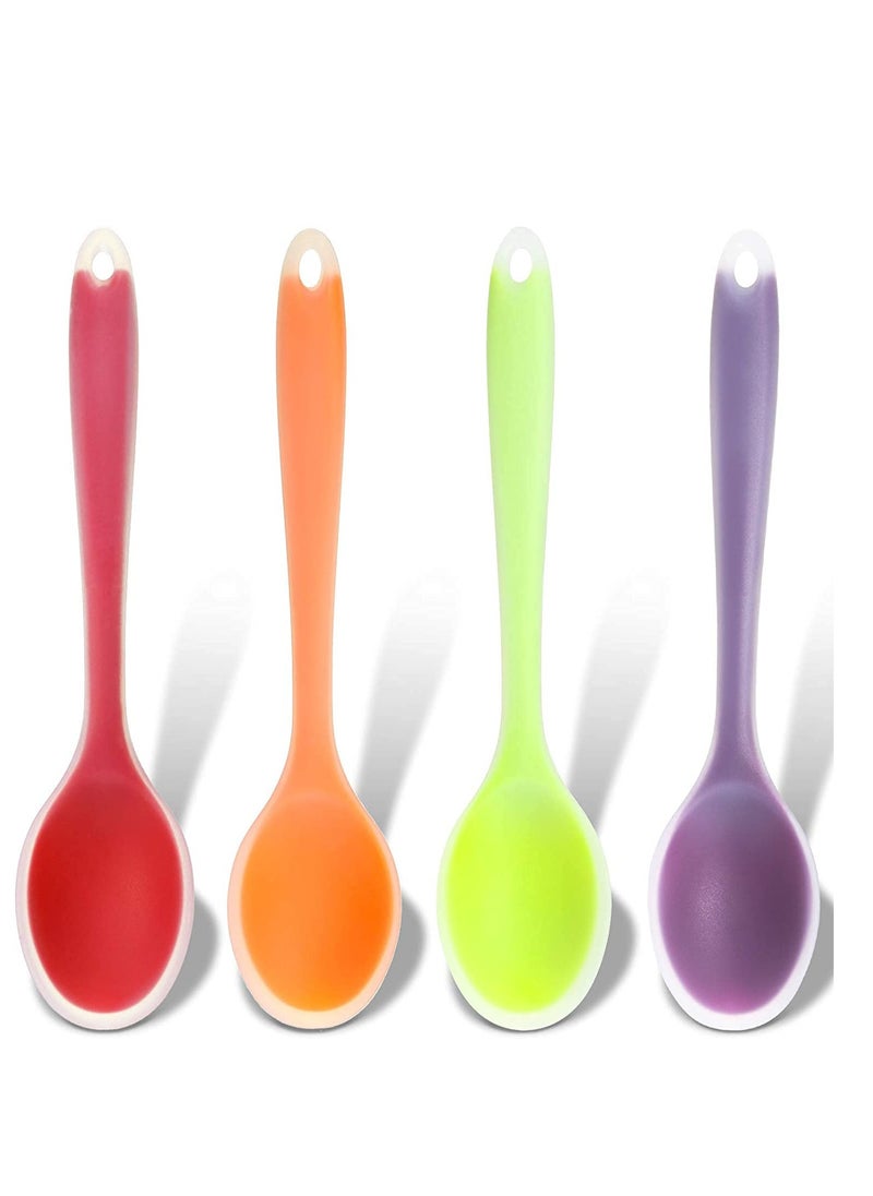 4 Pieces Small Multicolored Silicone Spoons Nonstick Kitchen Spoon Silicone Serving Spoon Stirring Spoon for Kitchen Cooking Baking Stirring Mixing Tools (Red, Orange, Green, Purple)