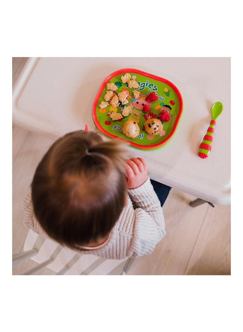 Cocomelon Toddler Dinnerware Set - Plastic Dinnerware Set And Toddler Utensils - 2 Reversible Baby Plates And 4 Textured Baby Spoons