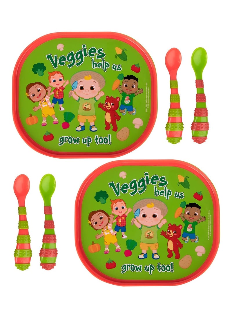 Cocomelon Toddler Dinnerware Set - Plastic Dinnerware Set And Toddler Utensils - 2 Reversible Baby Plates And 4 Textured Baby Spoons