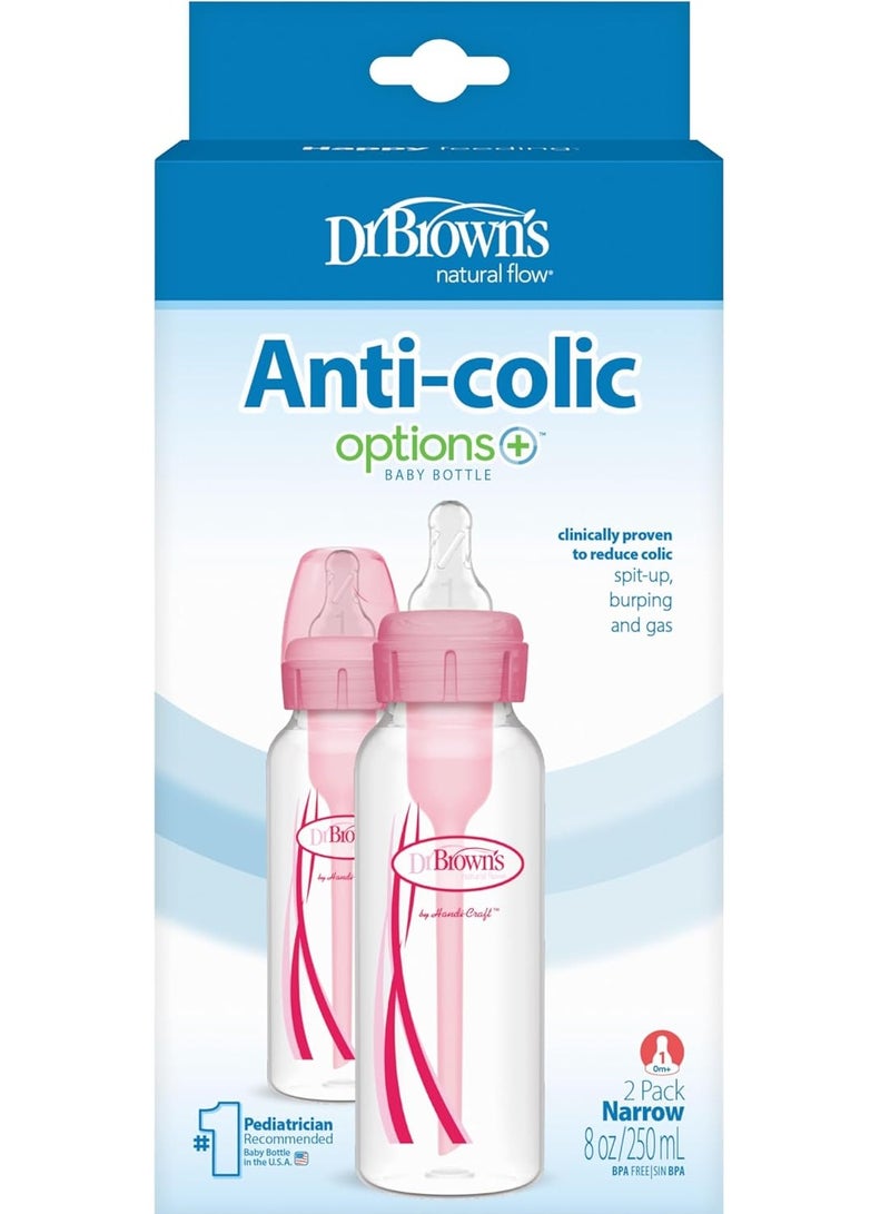 Options Plus Natural Flow Anti-Colic Narrow Baby Bottles 250ML Pink