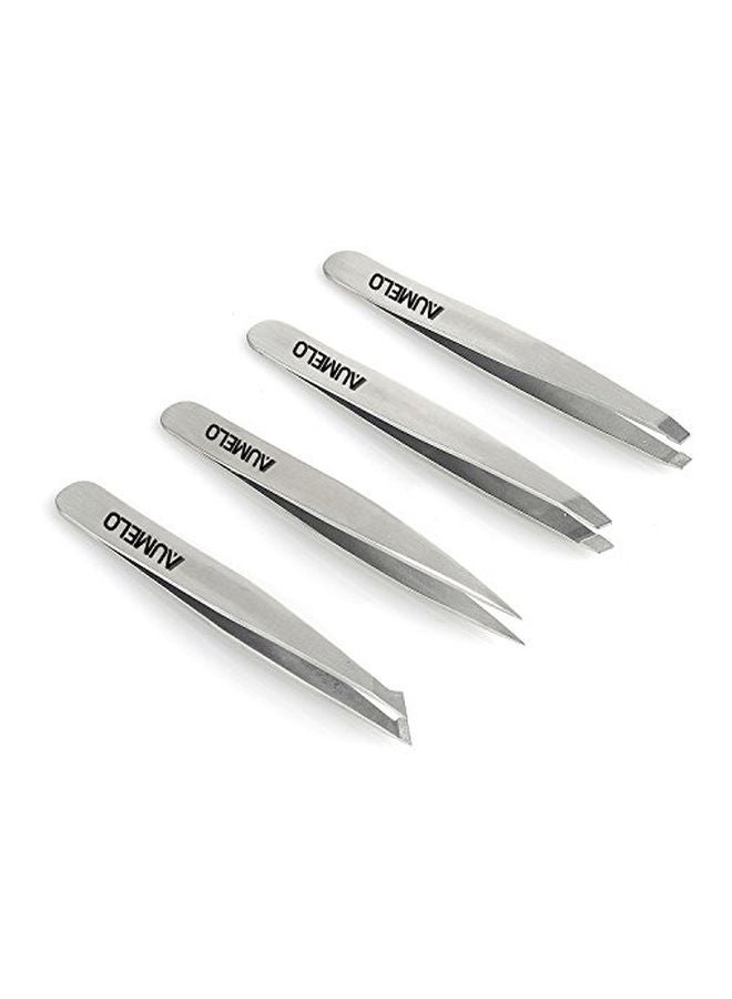 4-Piece Professional Stainless Steel Tweezer Silver