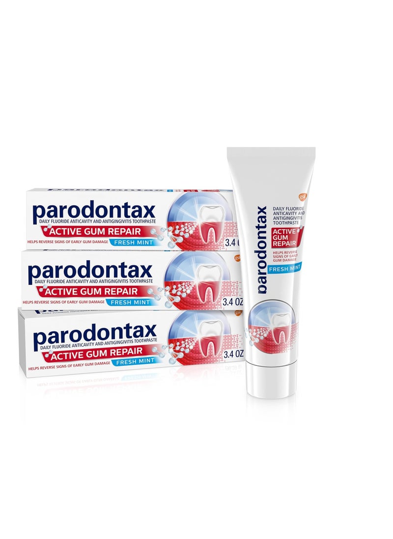 Parodontax Active Gum Repair Toothpaste, Toothpaste To Help Reverse Signs Of Early Disease For Health, Fresh Mint Flavored - 3.4 Oz x 3