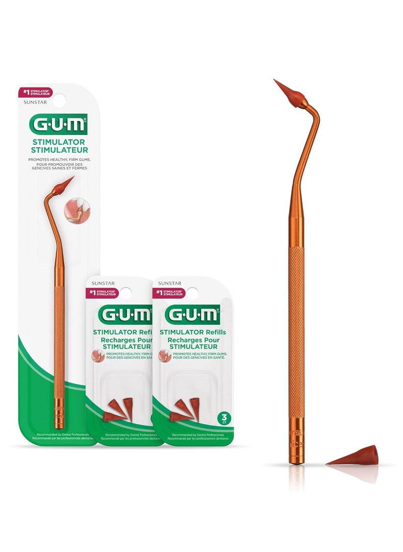 GUM Stimulator Permanent Handle - Long Handled Massager Remove Plaque & Promote Health (Handle + 2 Refill Packs)