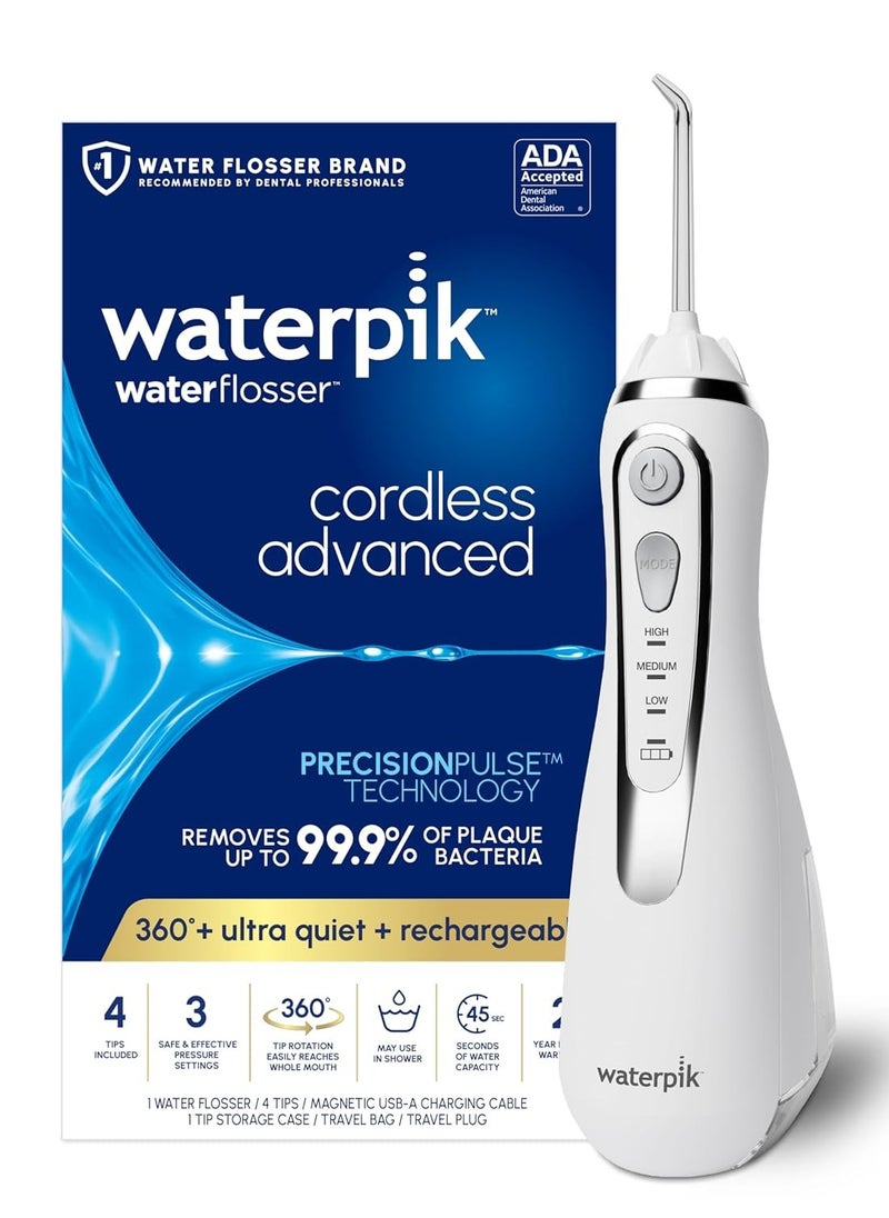 Waterpik Cordless Advanced 2.0 Water Flosser For Teeth, Gums, Braces, Dental Care With Travel Bag and 4 Tips, ADA Accepted, Rechargeable, Portable, and Waterproof, White WP-580, Packaging May Vary