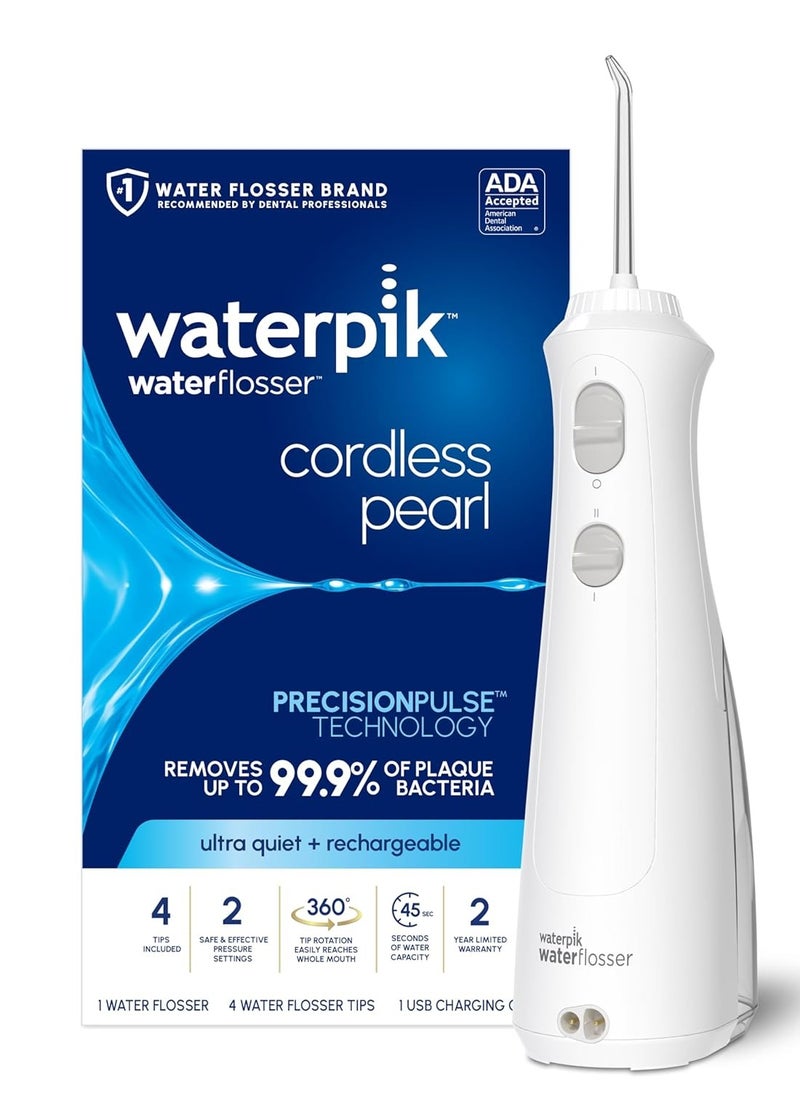 Waterpik Cordless Pearl Rechargeable Portable Water Flosser for Teeth, Gums, Braces Care and Travel with 4 Flossing Tips - ADA Accepted, WF-13 White, Packaging May Vary