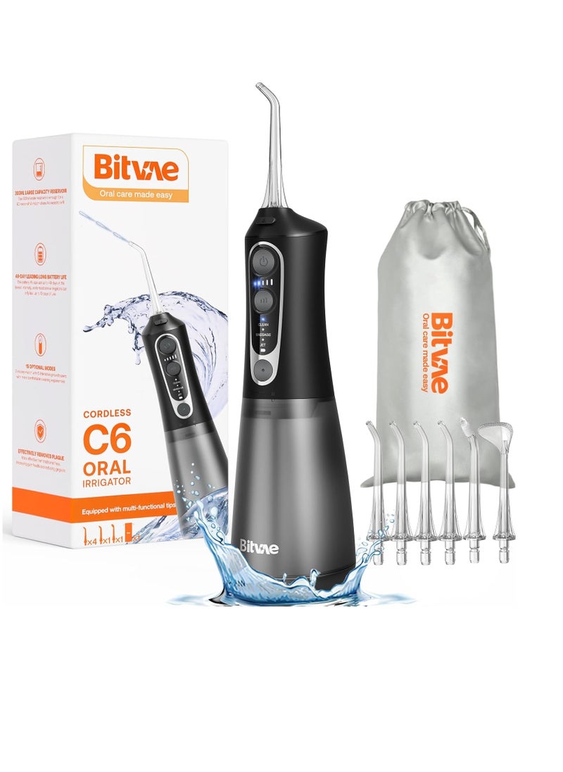 Bitvae C6 Water Dental Flosser for Teeth Pick, Cordless Flosser for Travel with 6 Jet Tips, 3 Modes 5 intensities, IPX7 Waterproof Portable & Rechargeable Oral Irrigator Cleaner, Black