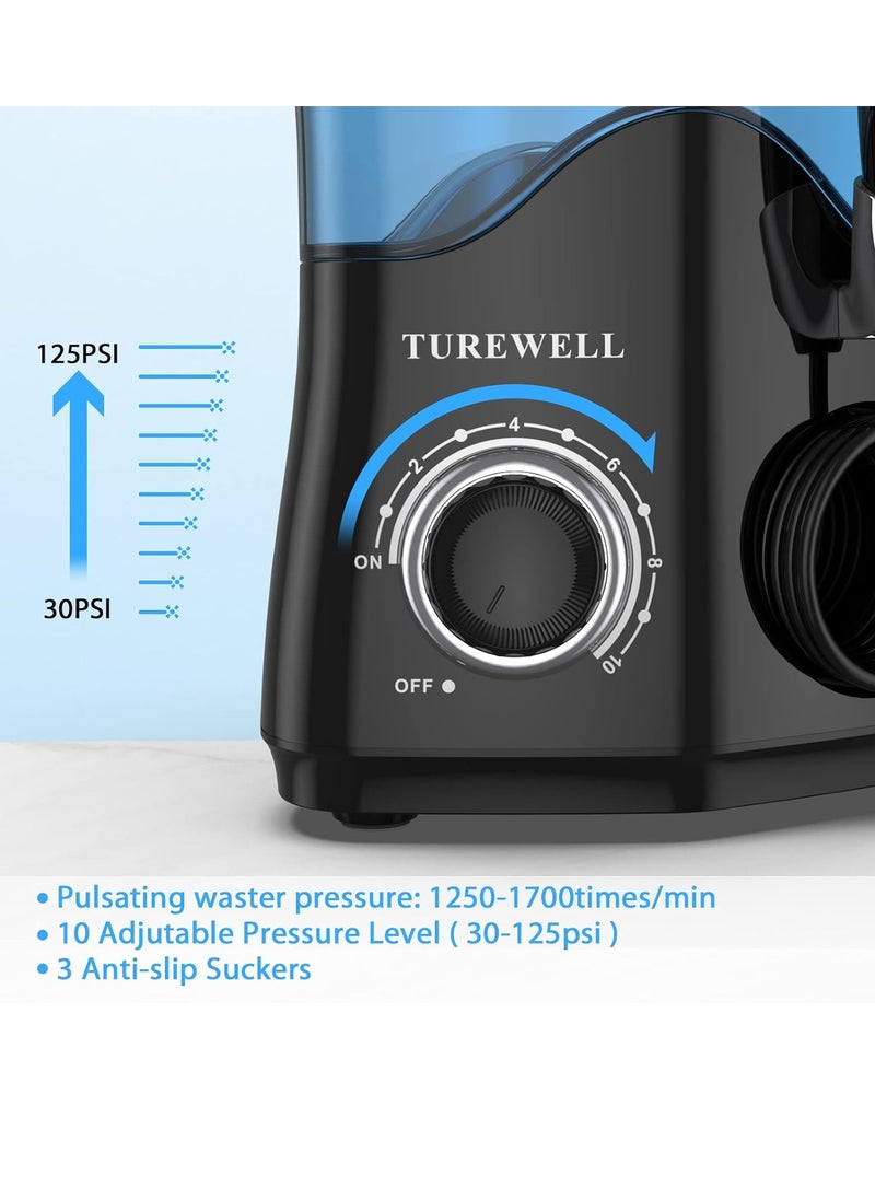 TUREWELL Water Dental Flosser for Teeth/Braces, Water Teeth Cleaner 8 Jet Tips and 10 Pressure Levels, 600ML Large Water Tank Oral Irrigator for Family(Black)