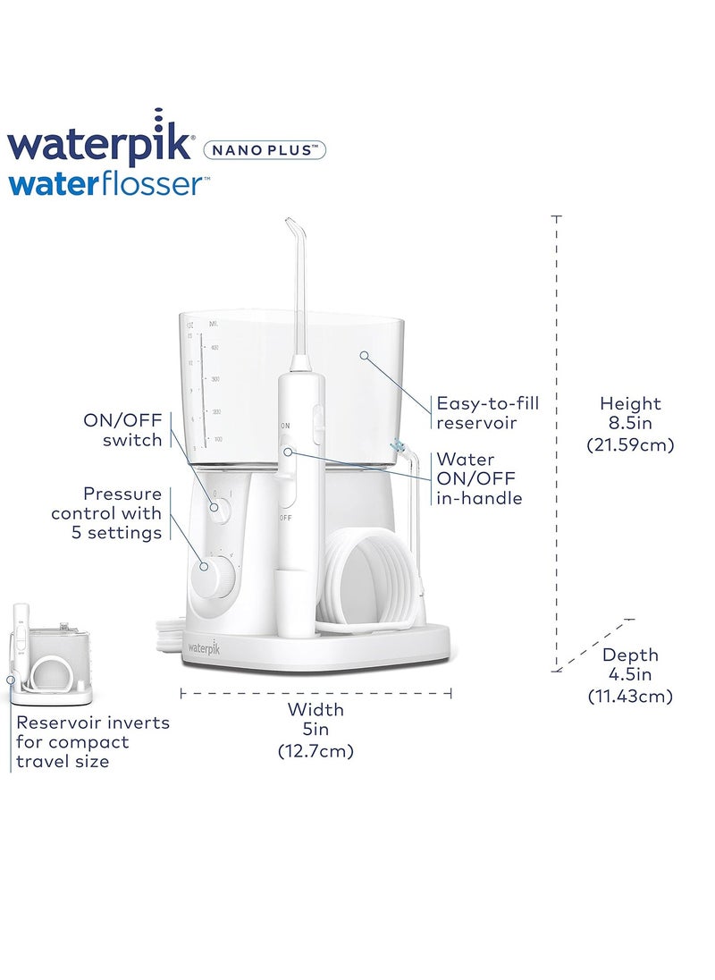 Waterpik Nano Plus Water Flosser For Teeth, Portable Electric Power, Compact For Travel and Home, 4 Flossing Tips, ADA Accepted, White WP-320