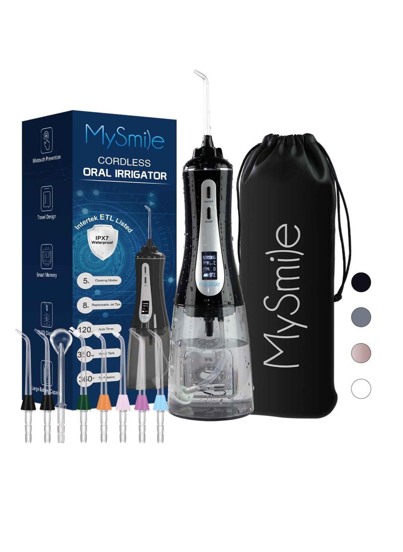 MySmile Powerful Cordless 350ML Water Dental Flosser Portable OLED Display Oral Irrigator with 5 Pressure Modes 8 Replaceable Jet Tips and Storage Bag for Home Travel Use (Black)