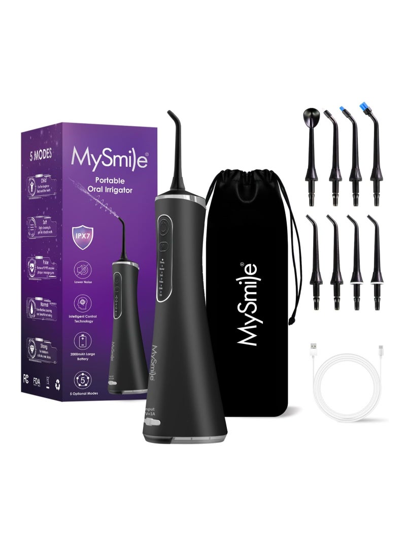 MySmile LP211 Cordless Advanced Water Flossers for Teeth, 5 Cleaning Modes Rechargeable Power Dental Flosser 8 Replacement Jet Tips IPX 7 Waterproof Dental Irrigador with Portable Travel Storage Pouch