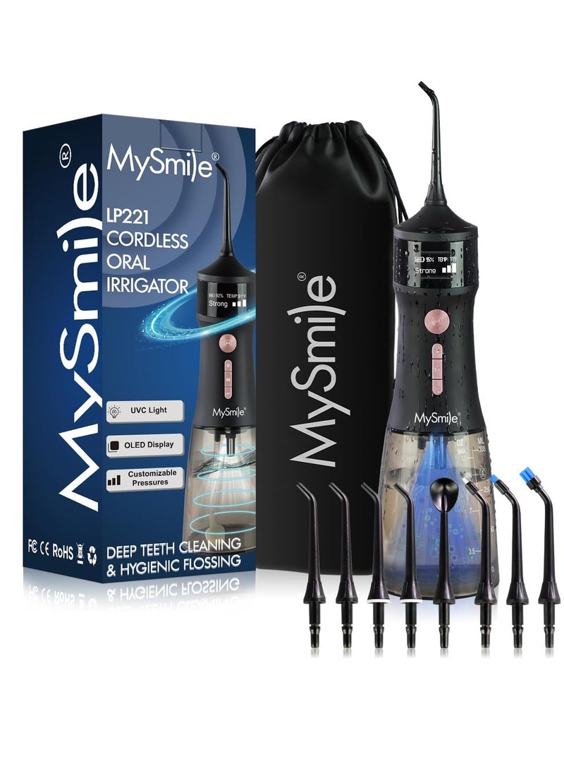 MySmile Powerful Cordless 350ML Water Dental Flosser Portable OLED Display Oral Irrigator with 5 Pressure Modes 8 Jet Tips and Storage Bag for Home Travel Use (Midnight Black)