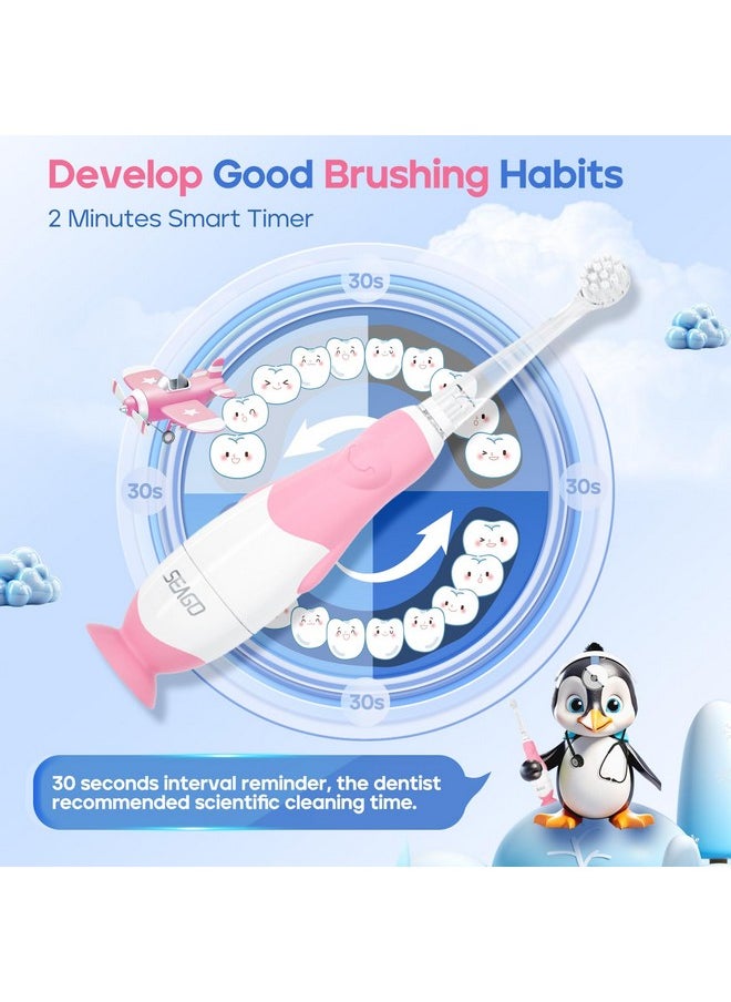 Toddler Electric Toothbrushes For Baby Ages 0-3 Years, Baby Toothbrush With Smart Timer And Suction Base, 4 Replacement Brushheads (Pink-C)